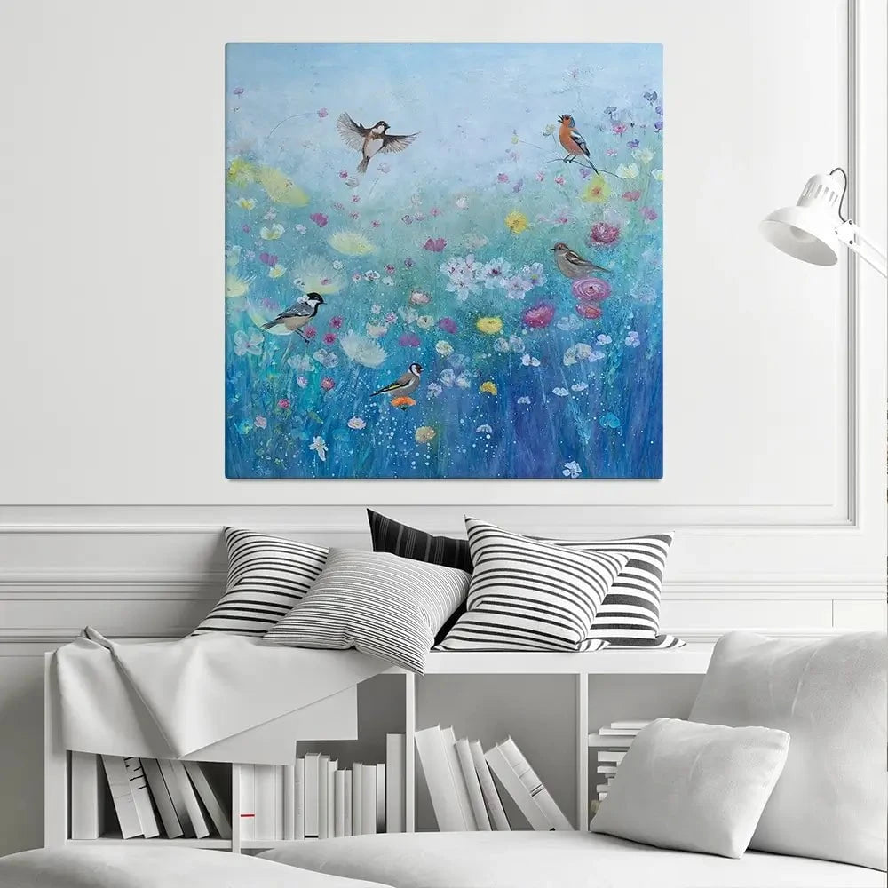 Songbirds In The Garden Square Canvas Print Songbirds In The Garden Square Canvas Print wall art product Laure Bury