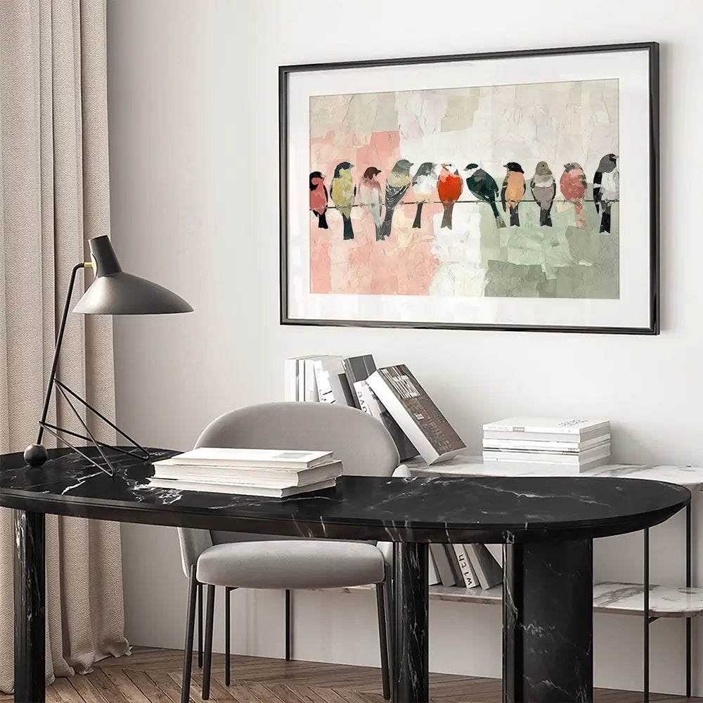 Songbirds On A Wire Framed Art Print Songbirds On A Wire Framed Art Print wall art product Chromatic Storm Studio