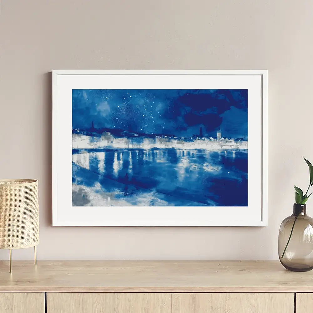 Starry Night City Waterfront Framed Art Print Starry Night City Waterfront Framed Art Print wall art product Chromatic Storm Studio