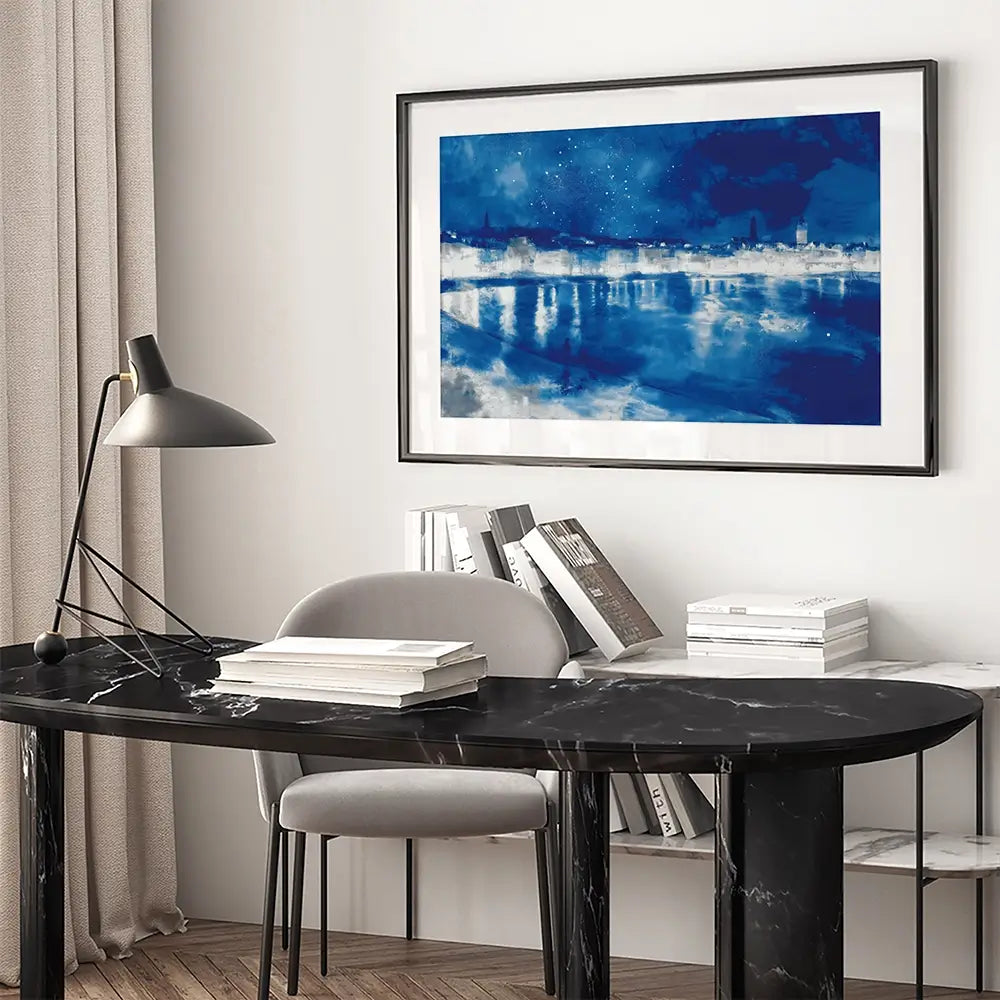 Starry Night City Waterfront Framed Art Print Starry Night City Waterfront Framed Art Print wall art product Chromatic Storm Studio