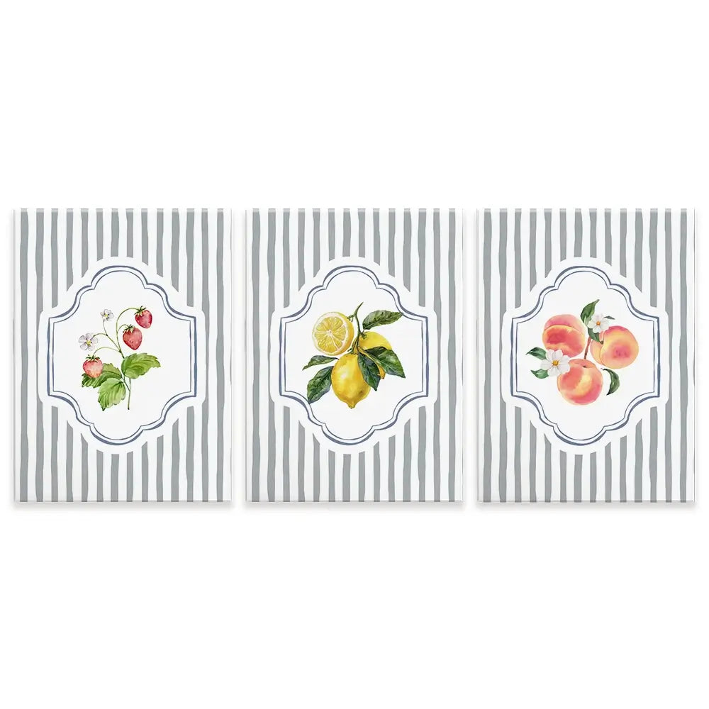 Striped Fruits Trio Canvas Print Striped Fruits Trio Canvas Print wall art product IAmHomeStudio