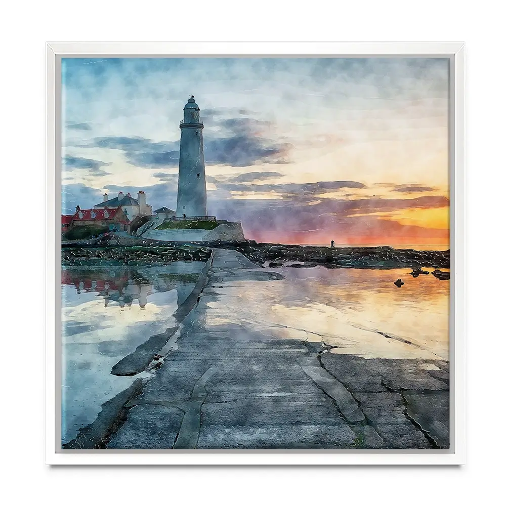 Sunrise Over A Lighthouse Square Canvas Print Sunrise Over A Lighthouse Square Canvas Print wall art product Helen Hotson / Shutterstock