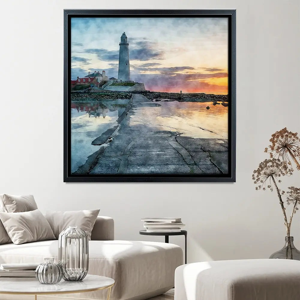 Sunrise Over A Lighthouse Square Canvas Print Sunrise Over A Lighthouse Square Canvas Print wall art product Helen Hotson / Shutterstock