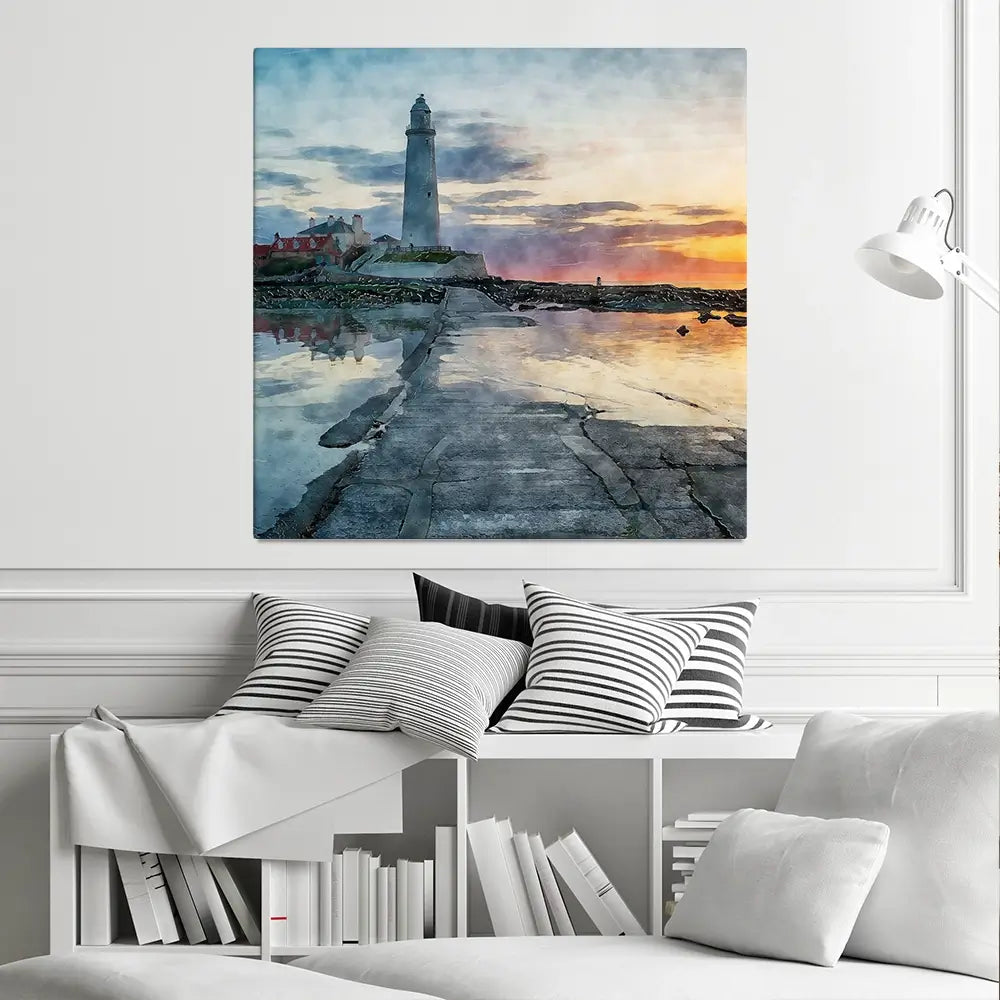 Sunrise Over A Lighthouse Square Canvas Print Sunrise Over A Lighthouse Square Canvas Print wall art product Helen Hotson / Shutterstock