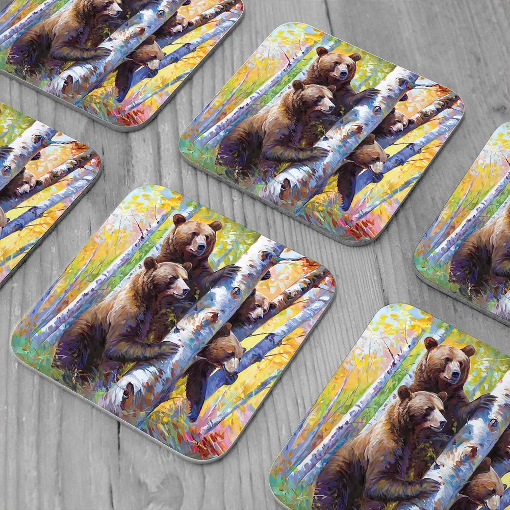 The Curious Bears Among The Birch Trees Coaster Set The Curious Bears Among The Birch Trees Coaster Set wall art product Leon Devenice