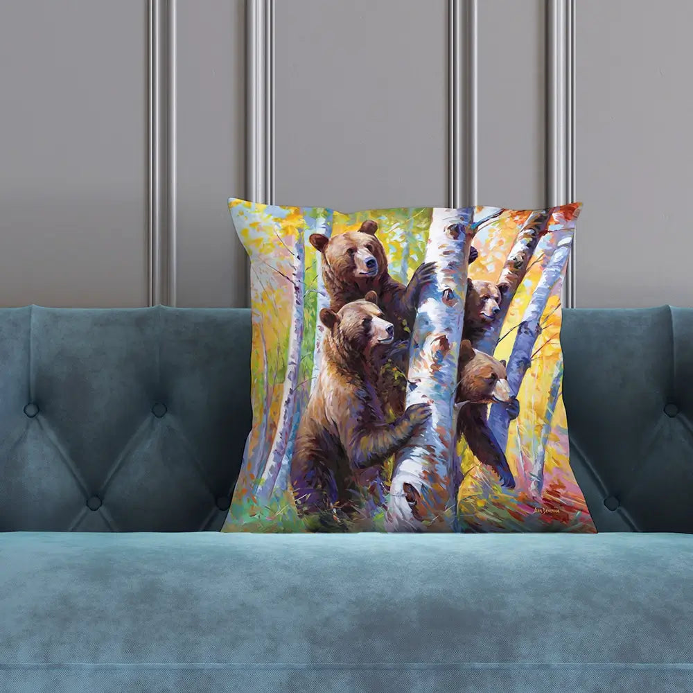 The Curious Bears Among The Birch Trees Cushion The Curious Bears Among The Birch Trees Cushion wall art product Leon Devenice