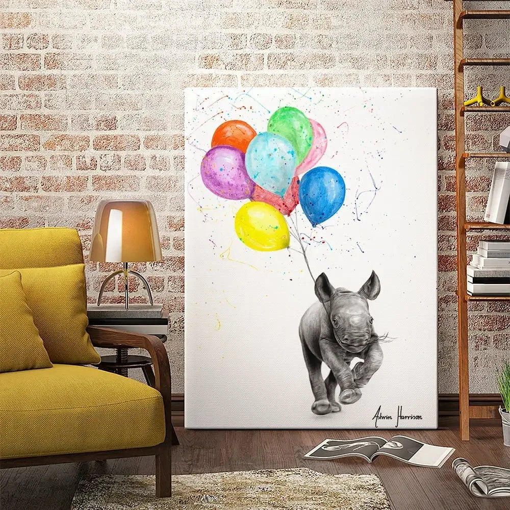 The Rhino And The Balloons Canvas Print The Rhino And The Balloons Canvas Print wall art product Ashvin Harrison