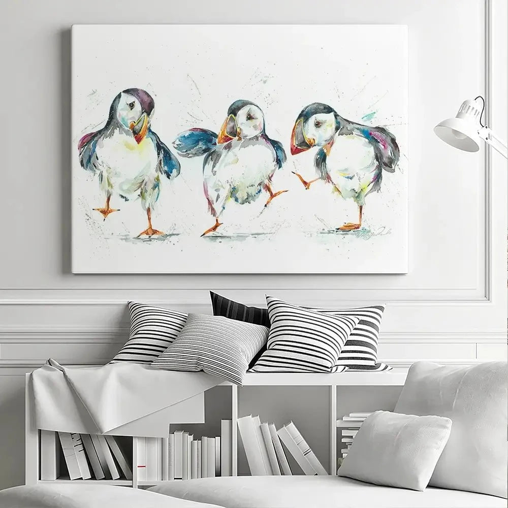 Three Puffins Canvas Print Three Puffins Canvas Print wall art product Nicola Jane Rowles