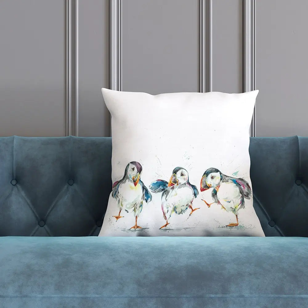 Three Puffins Cushion Three Puffins Cushion wall art product Nicola Jane Rowles