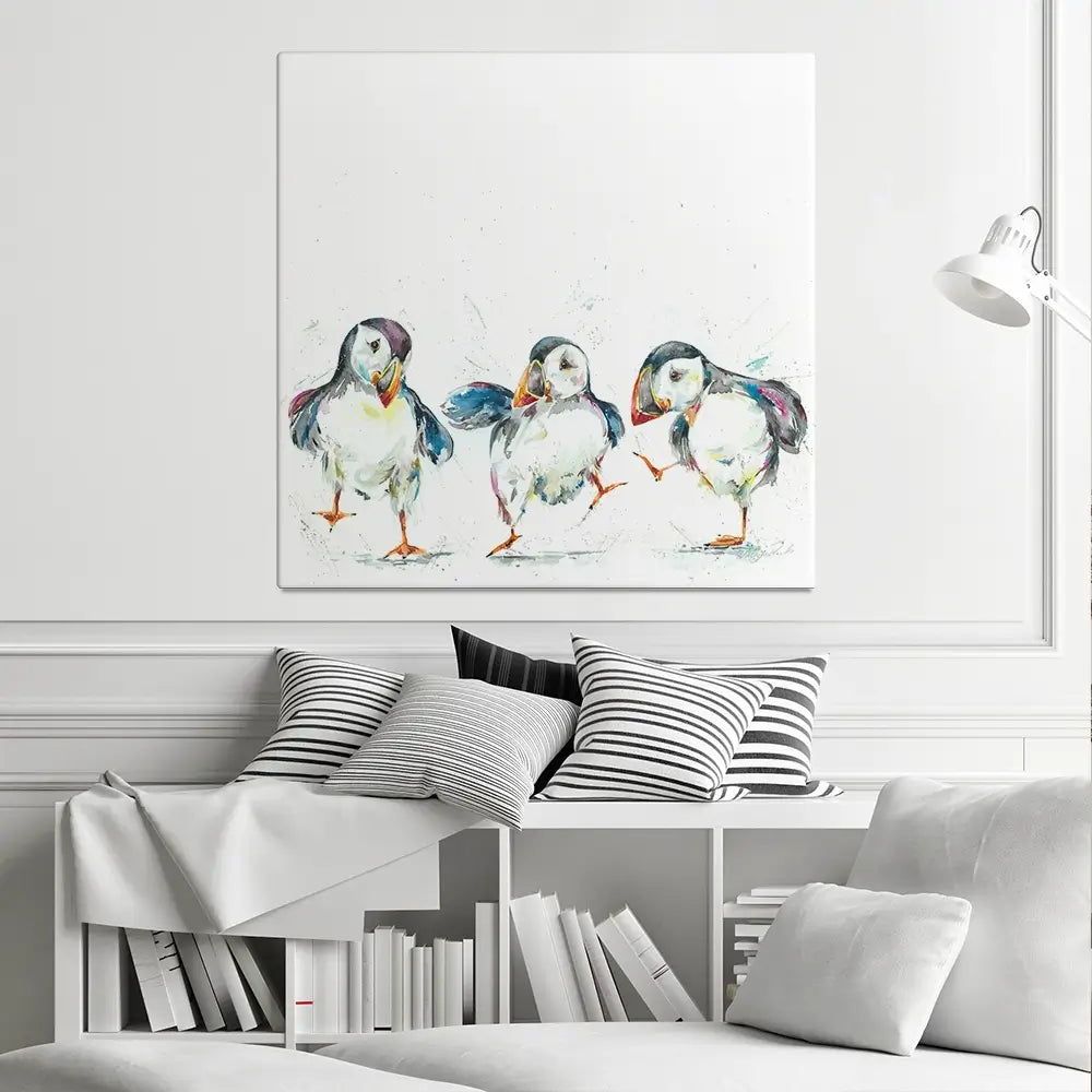 Three Puffins Square Canvas Print Three Puffins Square Canvas Print wall art product Nicola Jane Rowles