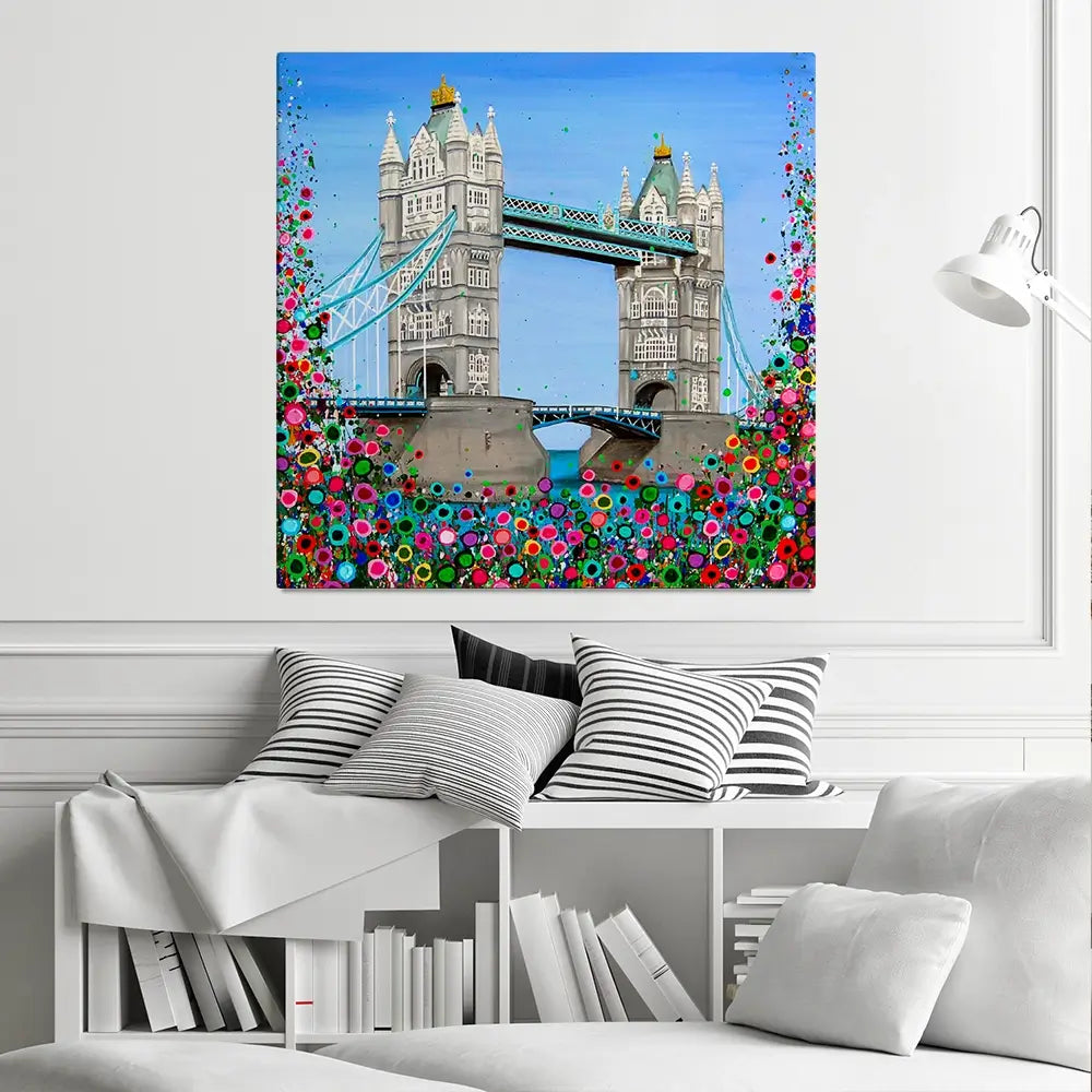 Tower Bridge Floral Square Canvas Print Tower Bridge Floral Square Canvas Print wall art product Jo Gough