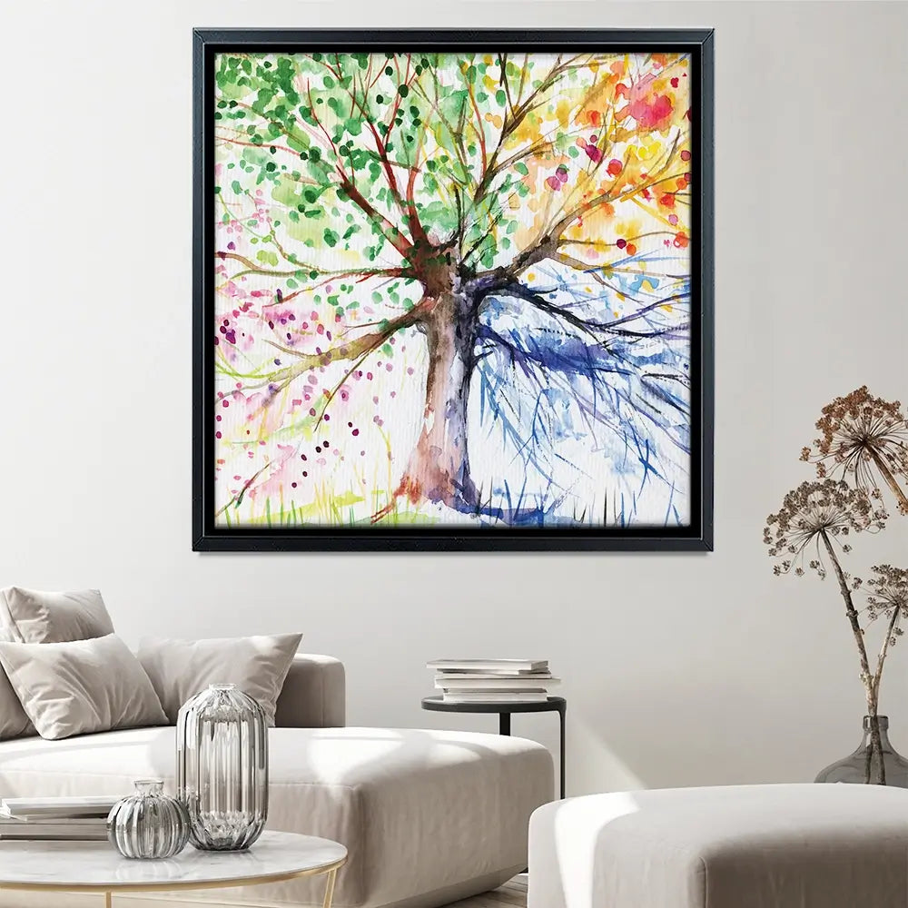 Tree Of Seasons Square Canvas Print Tree Of Seasons Square Canvas Print wall art product DeepGreen / Shutterstock