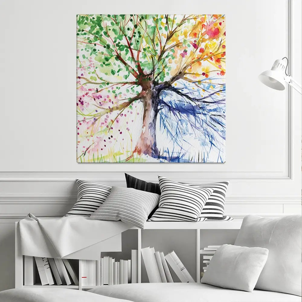 Tree Of Seasons Square Canvas Print Tree Of Seasons Square Canvas Print wall art product DeepGreen / Shutterstock