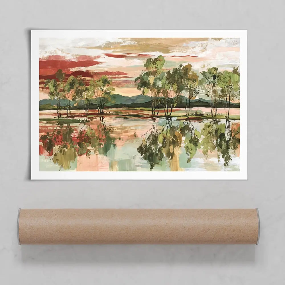 Trees Mirrored In Tranquil Waters Art Print Trees Mirrored In Tranquil Waters Art Print wall art product Chromatic Storm Studio