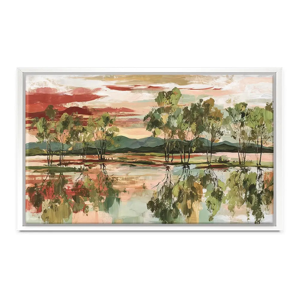 Trees Mirrored In Tranquil Waters Canvas Print Trees Mirrored In Tranquil Waters Canvas Print wall art product Chromatic Storm Studio