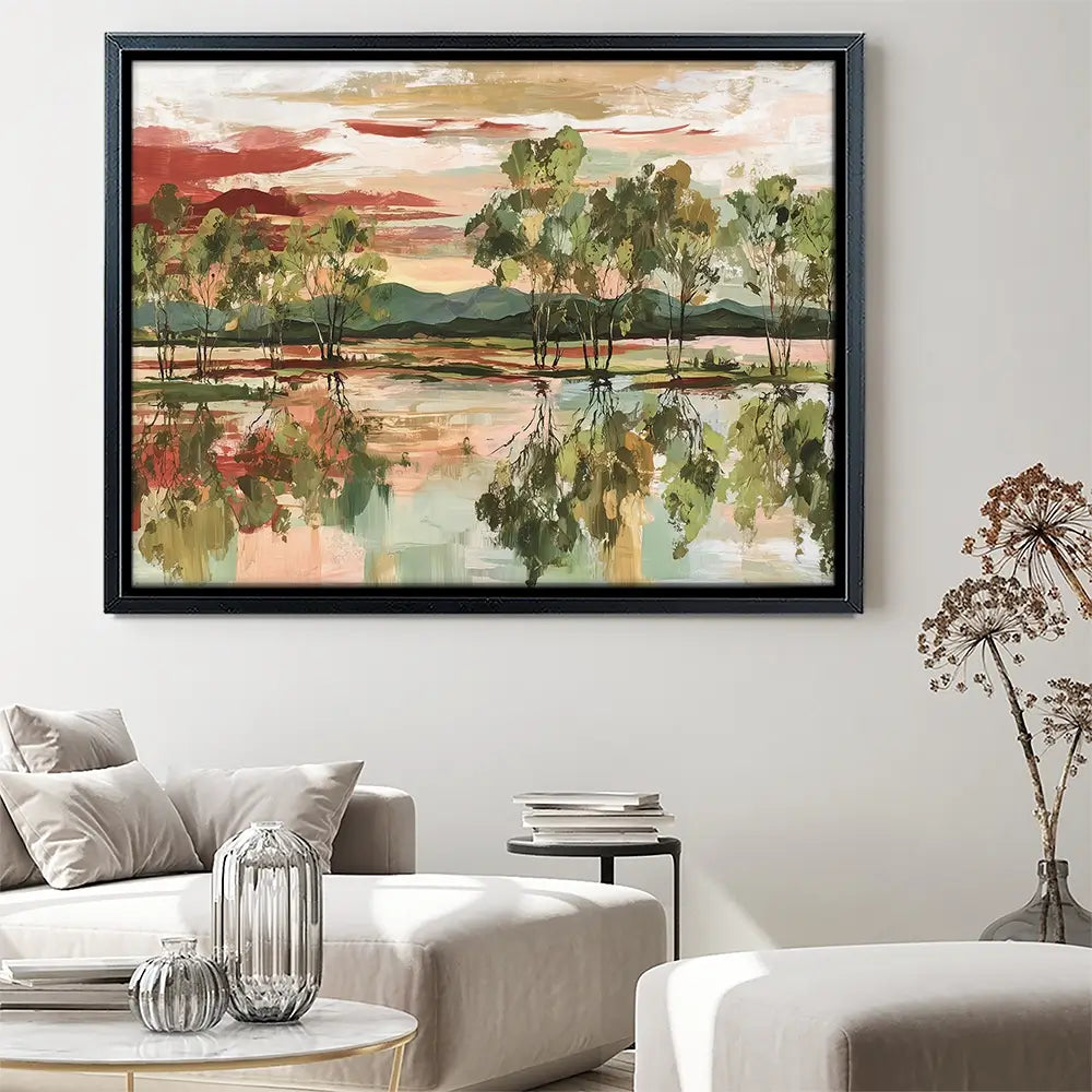 Trees Mirrored In Tranquil Waters Canvas Print Trees Mirrored In Tranquil Waters Canvas Print wall art product Chromatic Storm Studio