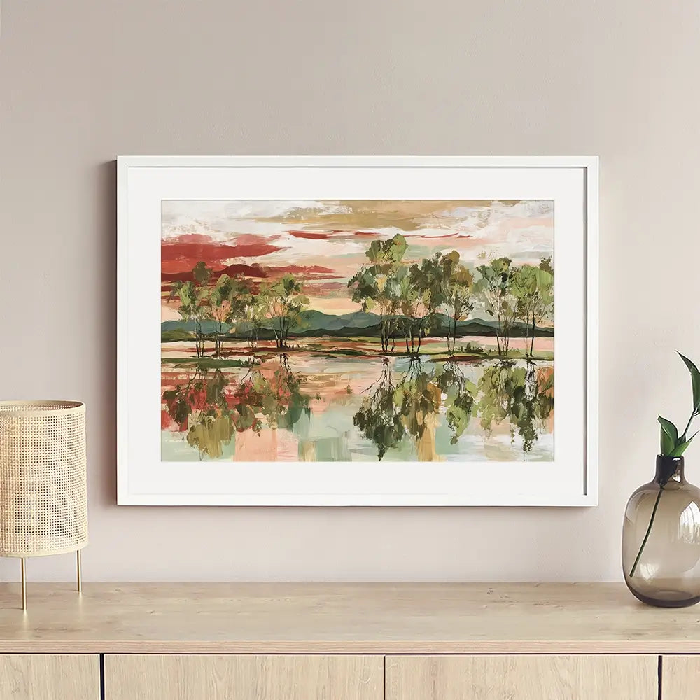 Trees Mirrored In Tranquil Waters Framed Art Print Trees Mirrored In Tranquil Waters Framed Art Print wall art product Chromatic Storm Studio