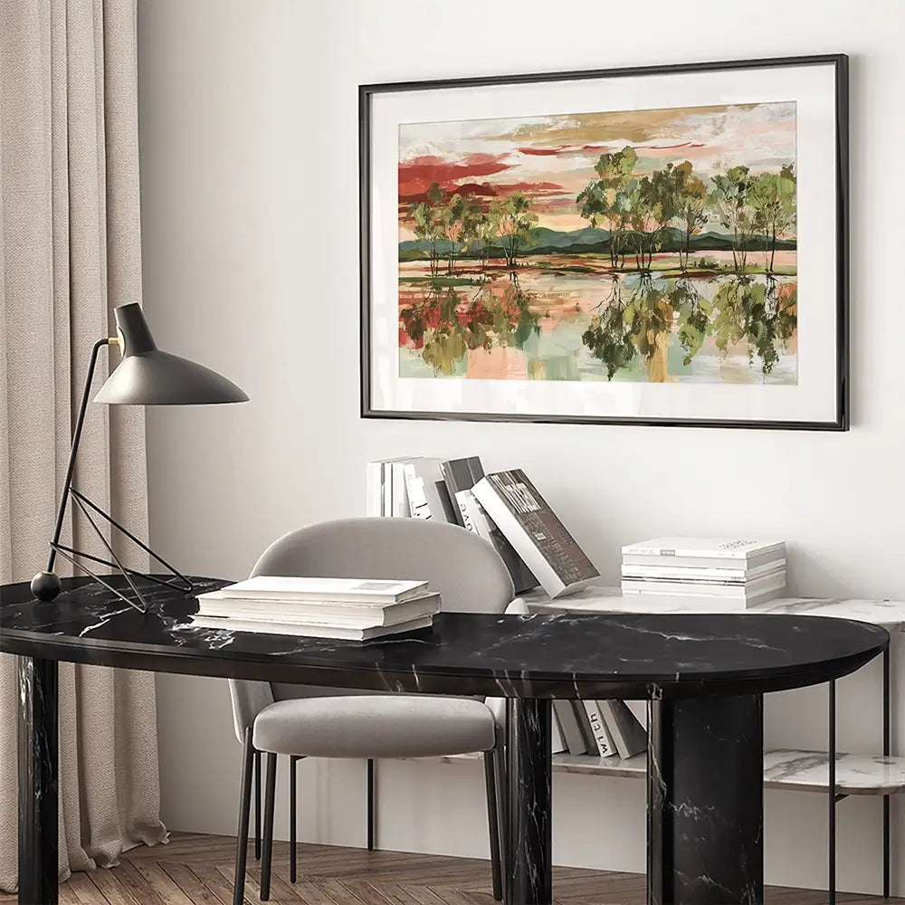 Trees Mirrored In Tranquil Waters Framed Art Print Trees Mirrored In Tranquil Waters Framed Art Print wall art product Chromatic Storm Studio