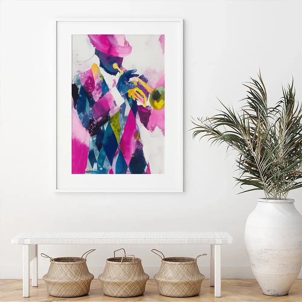 Trumpet Player In Magenta Framed Art Print Trumpet Player In Magenta Framed Art Print wall art product Chromatic Storm Studio