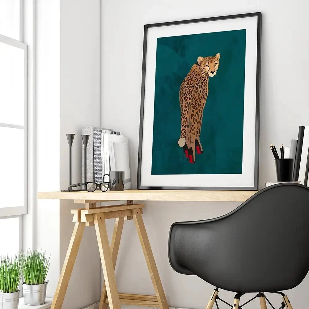 Turquoise Cheetah Wearing Heels Framed Art Print Turquoise Cheetah Wearing Heels Framed Art Print wall art product Sarah Manovski