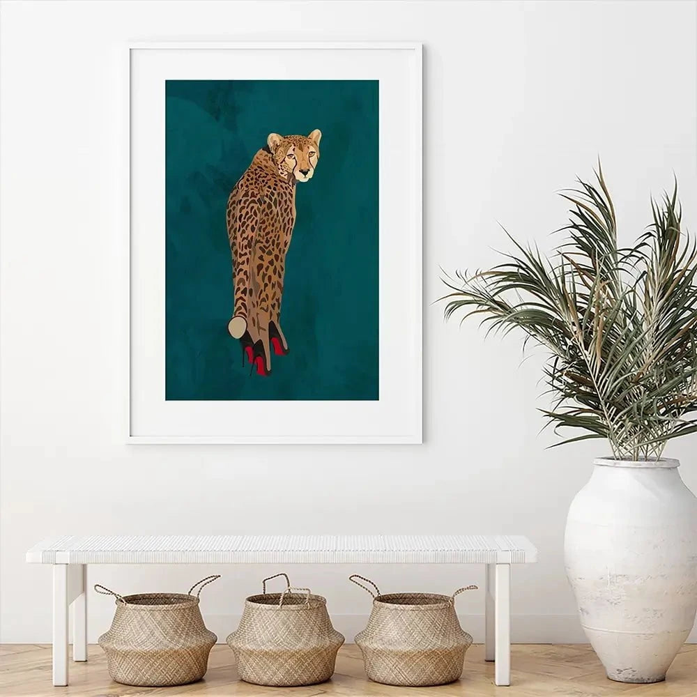 Turquoise Cheetah Wearing Heels Framed Art Print Turquoise Cheetah Wearing Heels Framed Art Print wall art product Sarah Manovski