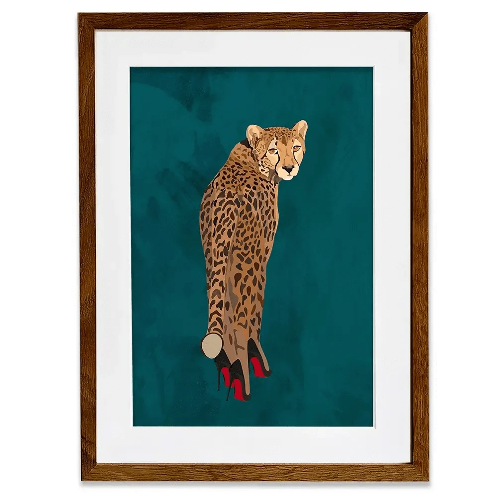 Turquoise Cheetah Wearing Heels Framed Art Print Turquoise Cheetah Wearing Heels Framed Art Print wall art product Sarah Manovski