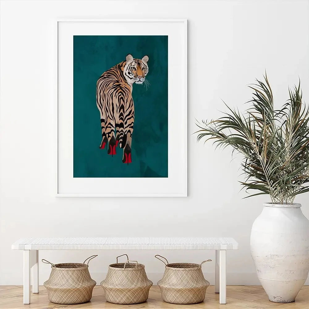 Turquoise Tiger Wearing Heels Framed Art Print Turquoise Tiger Wearing Heels Framed Art Print wall art product Sarah Manovski