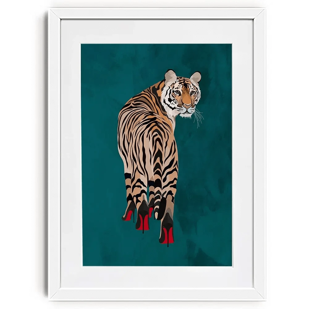 Turquoise Tiger Wearing Heels Framed Art Print Turquoise Tiger Wearing Heels Framed Art Print wall art product Sarah Manovski