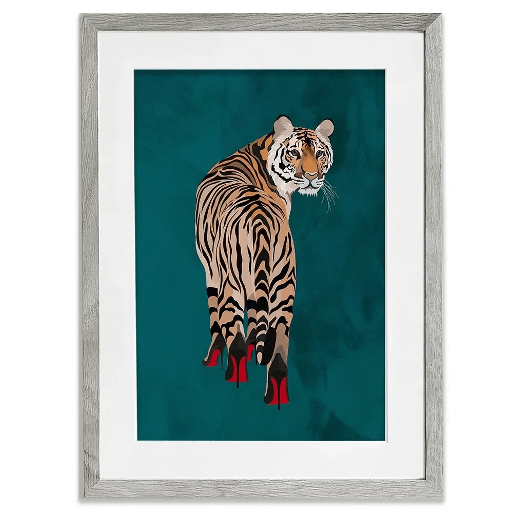 Turquoise Tiger Wearing Heels Framed Art Print Turquoise Tiger Wearing Heels Framed Art Print wall art product Sarah Manovski