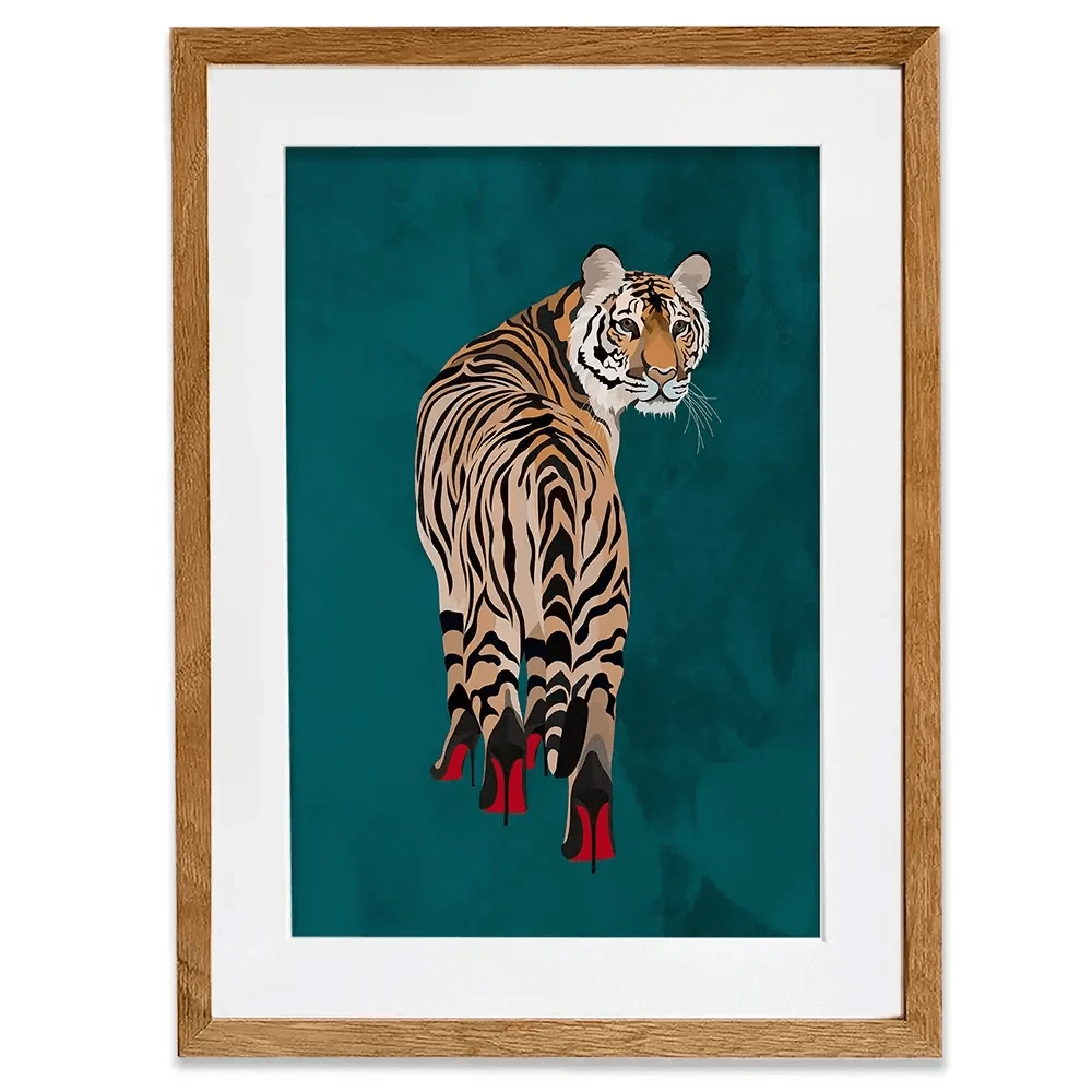 Turquoise Tiger Wearing Heels Framed Art Print Turquoise Tiger Wearing Heels Framed Art Print wall art product Sarah Manovski