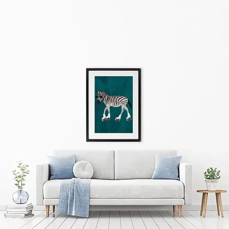 Turquoise Zebra Roller Skating Framed Art Print Turquoise Zebra Roller Skating Framed Art Print wall art product Sarah Manovski