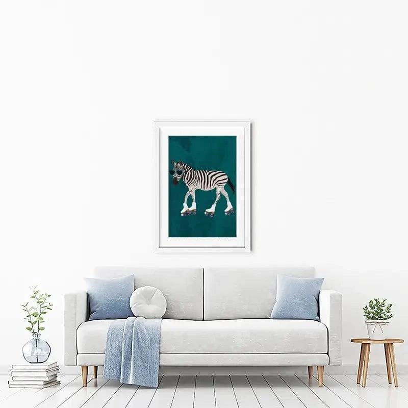 Turquoise Zebra Roller Skating Framed Art Print Turquoise Zebra Roller Skating Framed Art Print wall art product Sarah Manovski