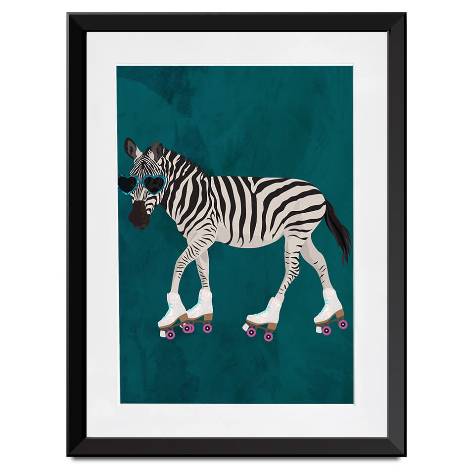 Turquoise Zebra Roller Skating Framed Art Print Turquoise Zebra Roller Skating Framed Art Print wall art product Sarah Manovski
