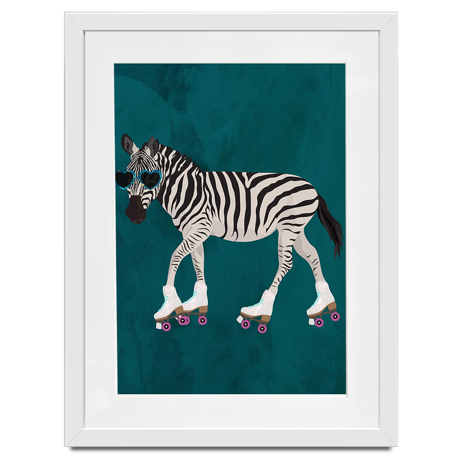Turquoise Zebra Roller Skating Framed Art Print Turquoise Zebra Roller Skating Framed Art Print wall art product Sarah Manovski