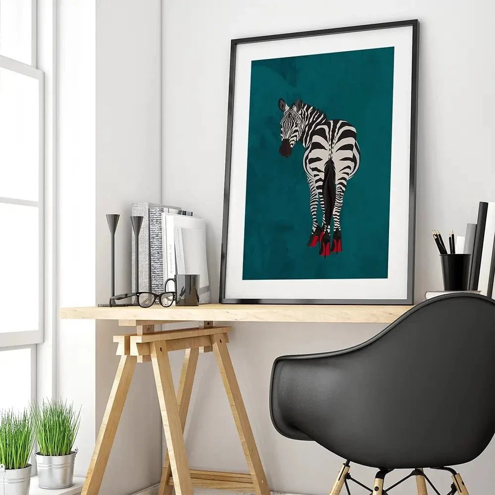 Turquoise Zebra Wearing Heels Framed Art Print Turquoise Zebra Wearing Heels Framed Art Print wall art product Sarah Manovski