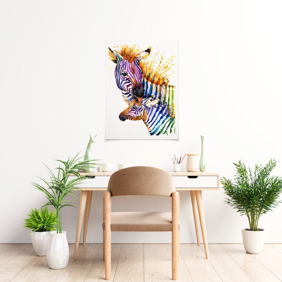 Two Colourful Zebras Art Print wall art product / Shutterstock