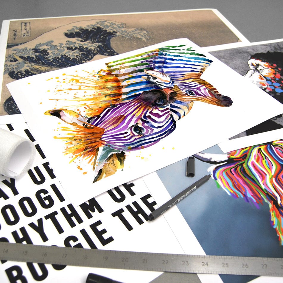 Two Colourful Zebras Art Print wall art product / Shutterstock