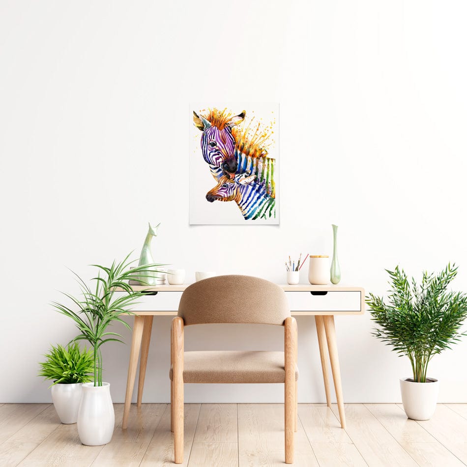 Two Colourful Zebras Art Print wall art product / Shutterstock