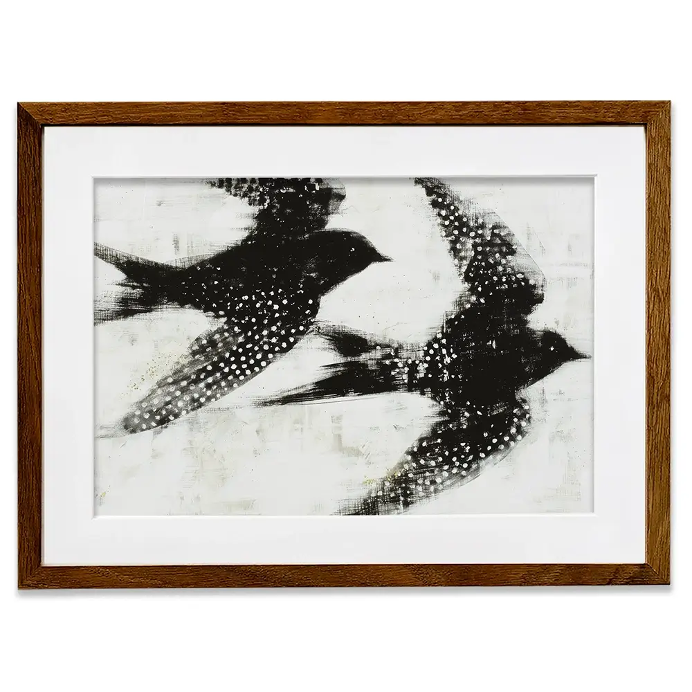 Two Songbirds In Flight Framed Art Print Two Songbirds In Flight Framed Art Print wall art product Chromatic Storm Studio