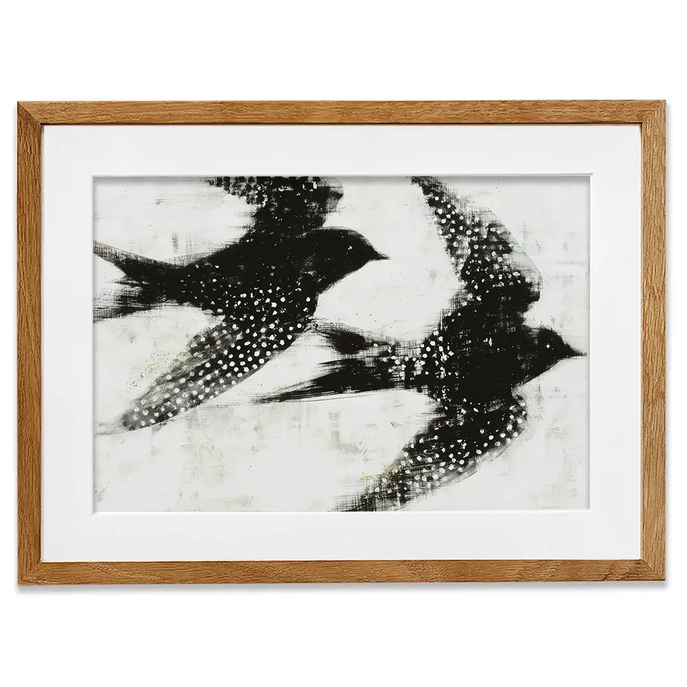 Two Songbirds In Flight Framed Art Print Two Songbirds In Flight Framed Art Print wall art product Chromatic Storm Studio