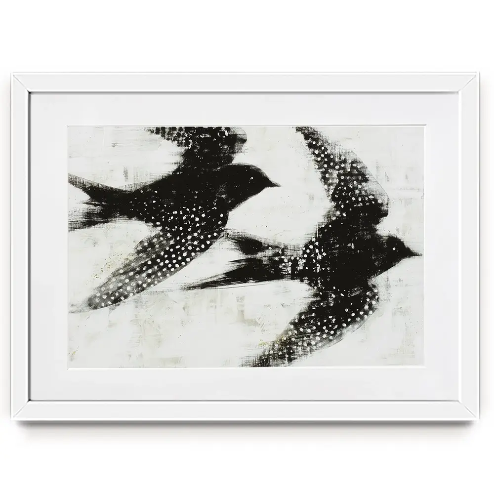 Two Songbirds In Flight Framed Art Print Two Songbirds In Flight Framed Art Print wall art product Chromatic Storm Studio