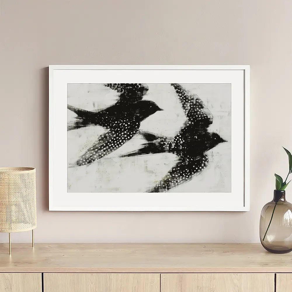 Two Songbirds In Flight Framed Art Print Two Songbirds In Flight Framed Art Print wall art product Chromatic Storm Studio