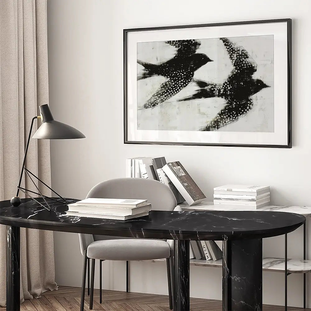 Two Songbirds In Flight Framed Art Print Two Songbirds In Flight Framed Art Print wall art product Chromatic Storm Studio