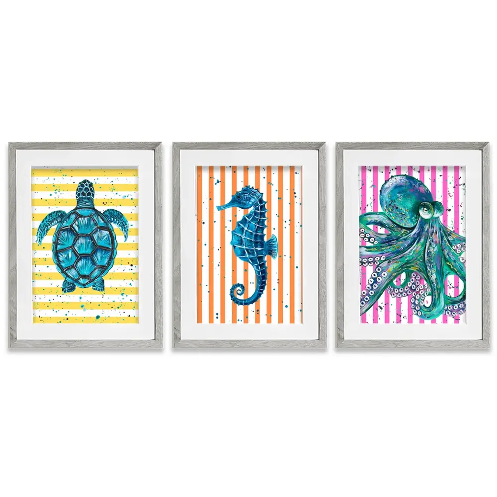 Under The Sea Striped Framed Art Print Trio Under The Sea Striped Framed Art Print Trio wall art product Emma LC Art