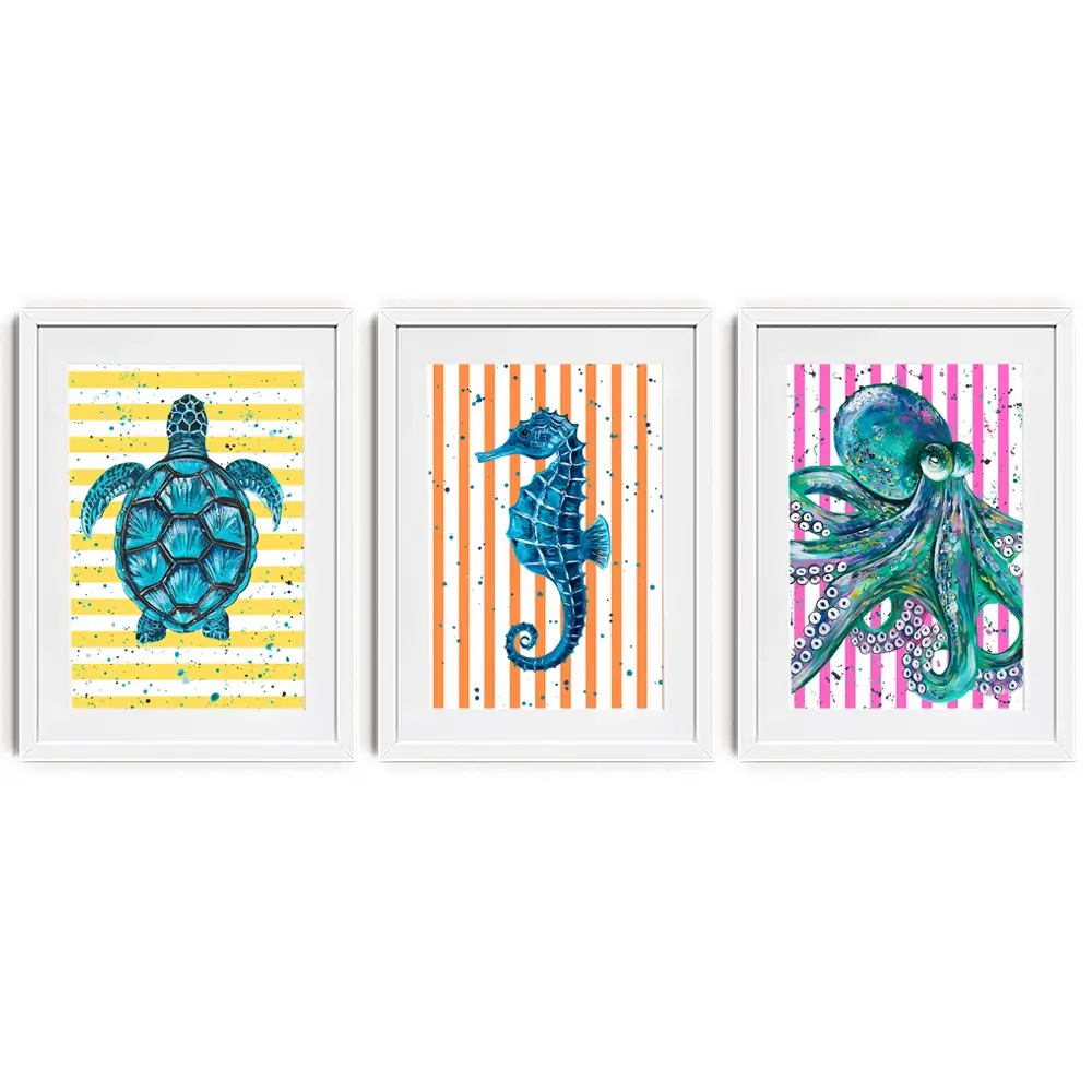 Under The Sea Striped Framed Art Print Trio Under The Sea Striped Framed Art Print Trio wall art product Emma LC Art