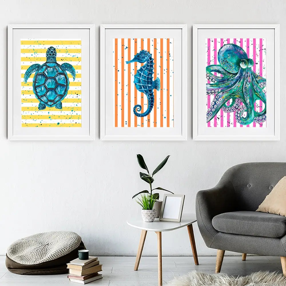 Under The Sea Striped Framed Art Print Trio Under The Sea Striped Framed Art Print Trio wall art product Emma LC Art
