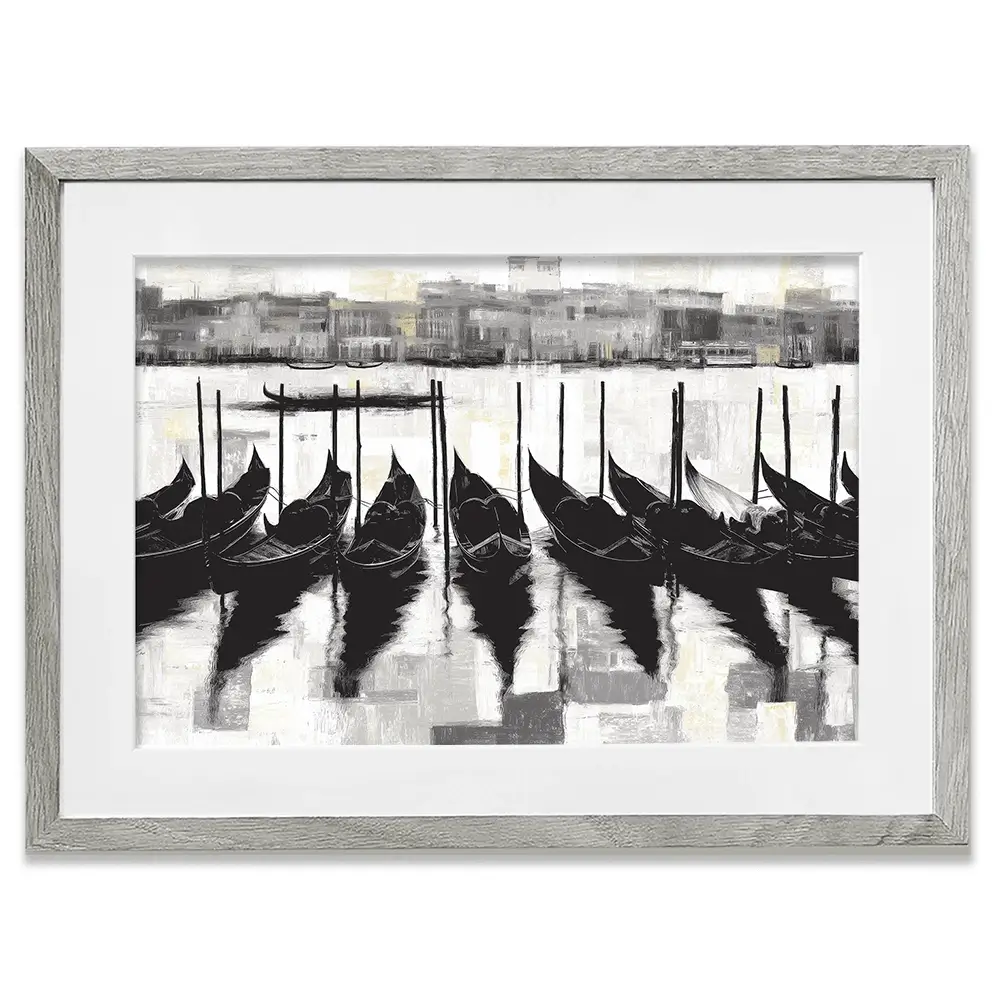 Venetian Lagoon Gondolas At Dock Framed Art Print Venetian Lagoon Gondolas At Dock Framed Art Print wall art product Chromatic Storm Studio