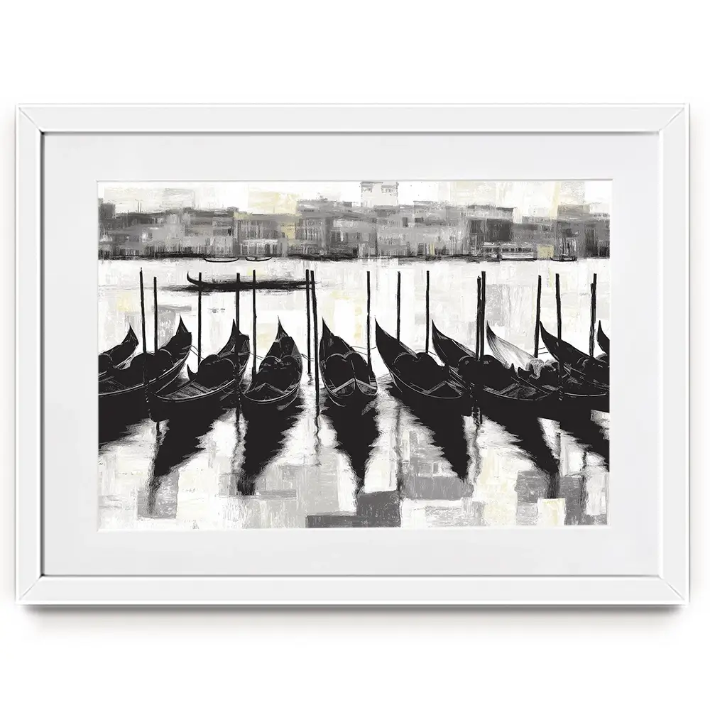 Venetian Lagoon Gondolas At Dock Framed Art Print Venetian Lagoon Gondolas At Dock Framed Art Print wall art product Chromatic Storm Studio