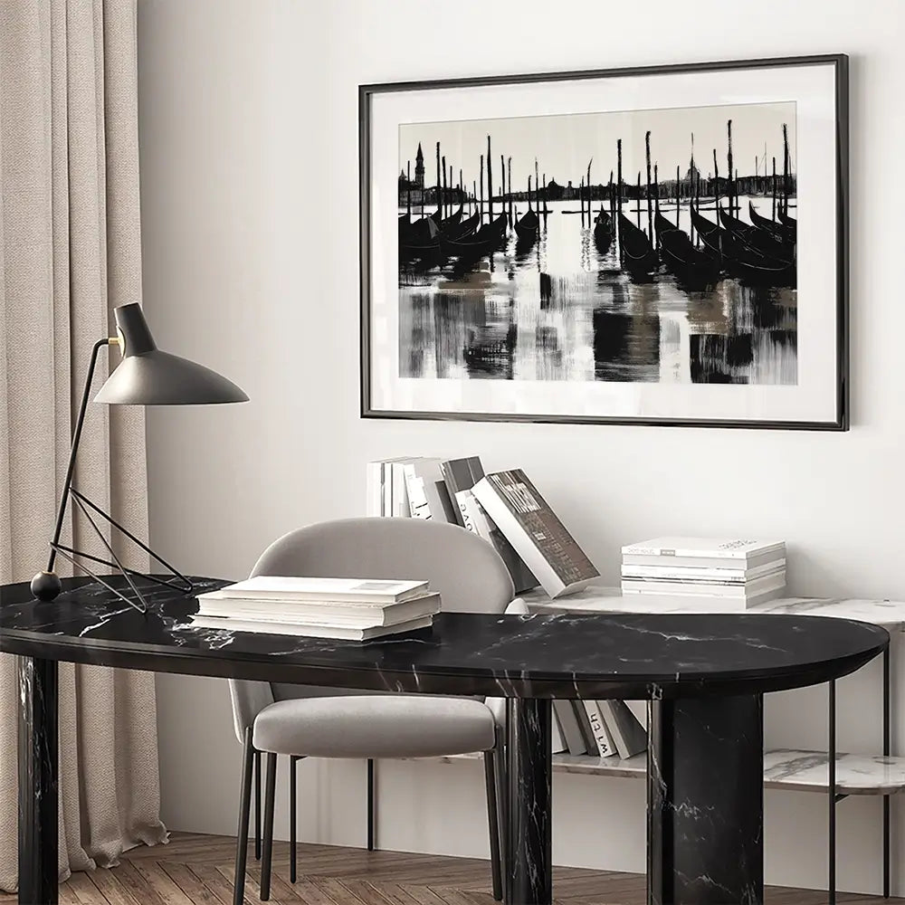 Venice Gondolas And Mooring Poles Framed Art Print Venice Gondolas And Mooring Poles Framed Art Print wall art product Chromatic Storm Studio