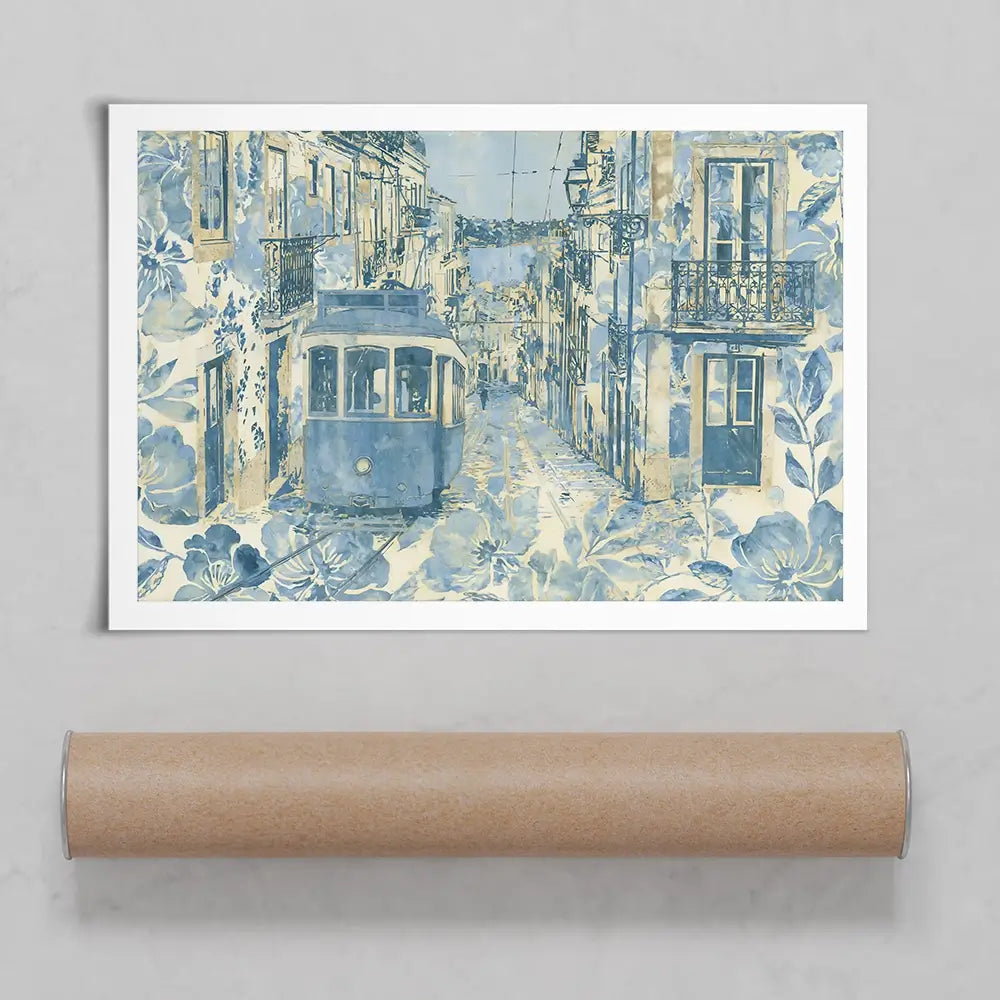 Vintage Tram Mediterranean Street Art Print Vintage Tram Mediterranean Street Art Print wall art product Chromatic Storm Studio